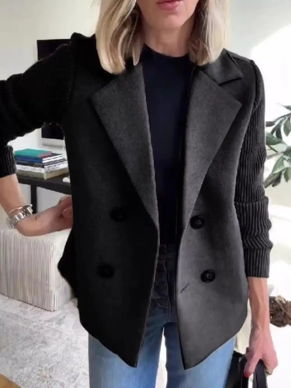 Full Size Knit Sleeve Double-breasted Outerwear Plus Size