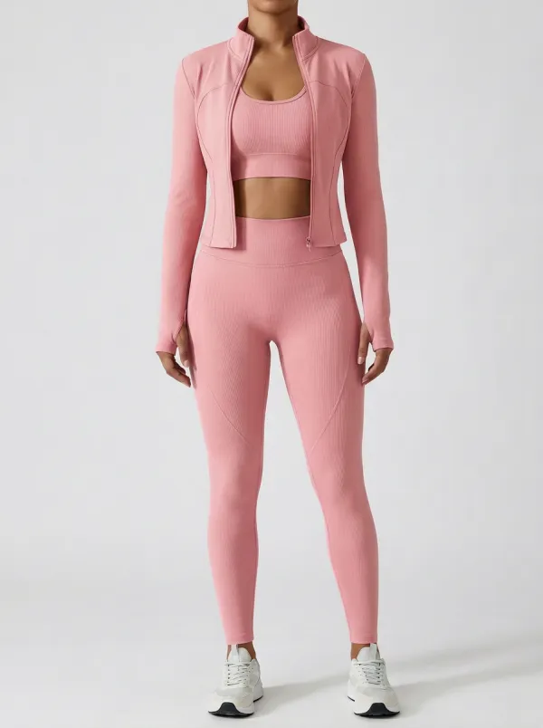 Performance-Inspired Ribbed Texture Seamless Design Street Style Women's Three Piece Activewear Set