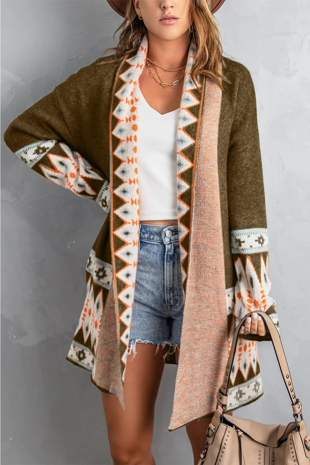 Aztec Print Open Front Knit Textured Knit Cardigan