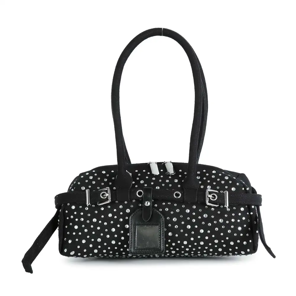 Crystal Accent Chain Accent Top Handle Denim Tote Bag