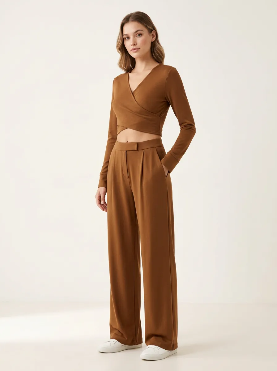 Women's Deep V-Neck Wrap Crop Top and Pleated Wide-Leg Trouser Set