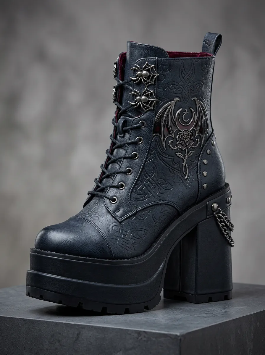 Dark Bat Rose Spider Web Edit Women's Gothic Platform Boots