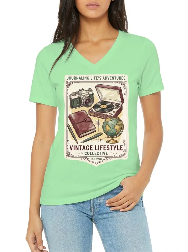 Women's Vintage Lifestyle Camera Globe Record Player Printed V-neck T-Shirt