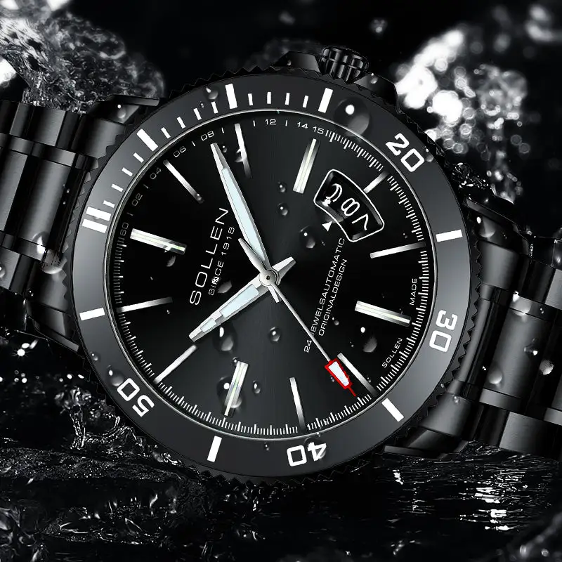Sollen SL609 Automatic Watch - Men's Stainless Steel 5-Bead Bracelet Rotatable Bezel Seiko NH35A Wristwatch