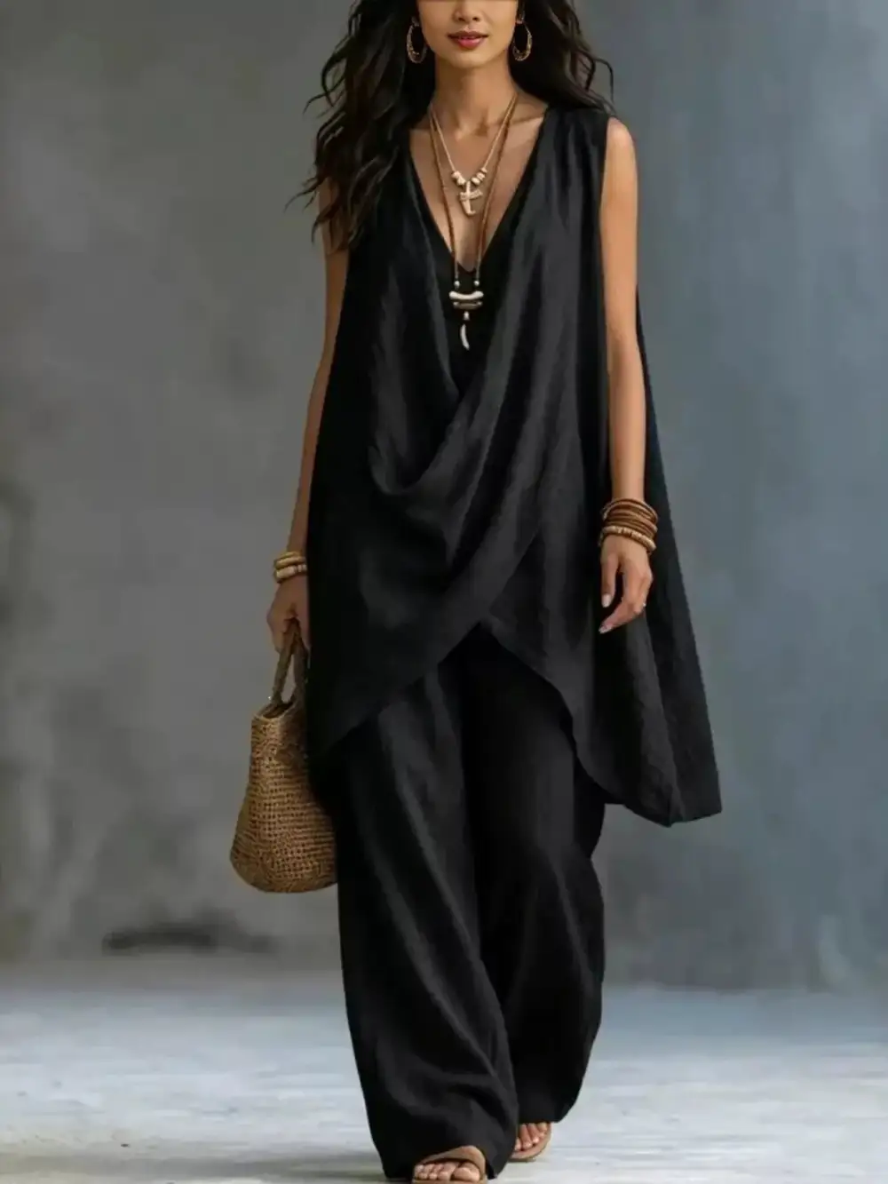Sleeveless Asymmetrical Top and Wide Leg Pants Set