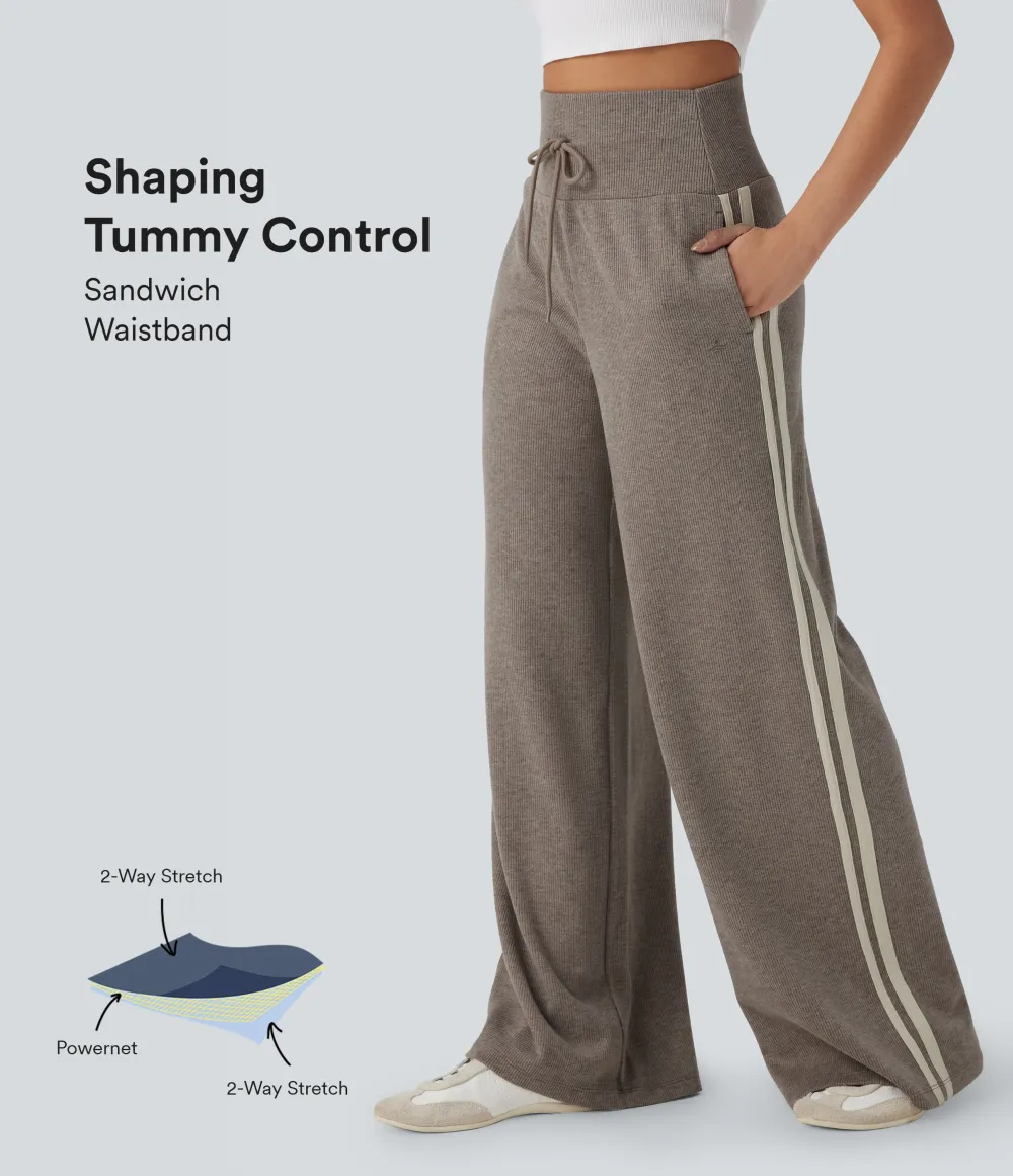2026🔥  Ribbed SoCinched High Waisted Tummy Control Drawstring Wide Leg Color Block Casual Trousers with Pockets