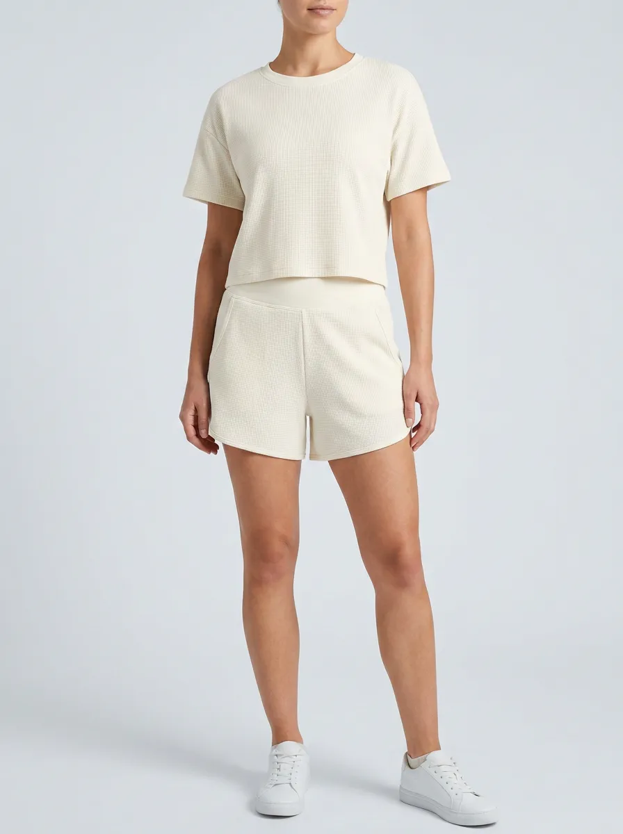 Women's Waffle Textured Minimal T-Shirt and Shorts Active Set