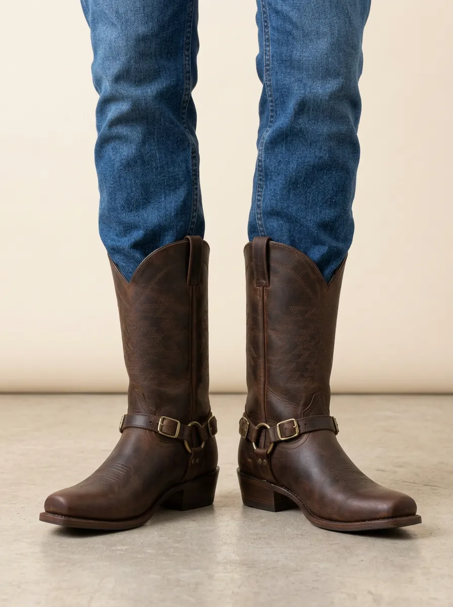 Men's Western Cowboy Brown Leather Harness Stitched Cowboy Boots