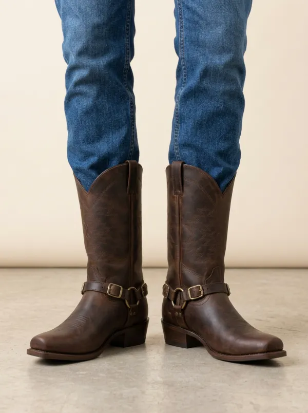 Men's Western Cowboy Brown Leather Harness Stitched Cowboy Boots