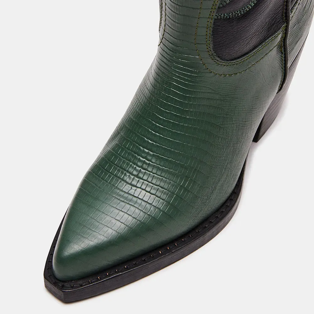 Classic Faux-Leather Embroidered Pointed-Toe Chunky-Heel Mid-Calf Boots