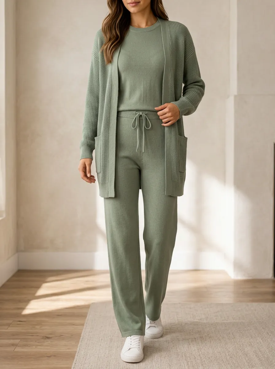 Women's Understated Ribbed Knit Cardigan Tank Top And Pants Matching Set