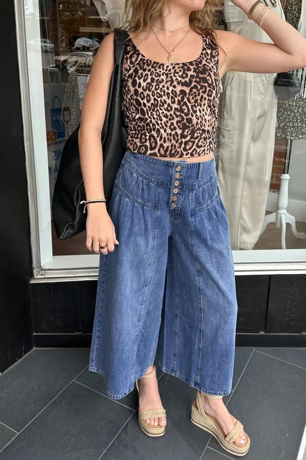 Women's High Rise Buttons Pleated Cropped Wide Leg Denim Pants