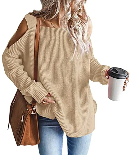 Women's Cold Shoulder Oversized Sweaters Batwing Long Sleeve Square Neck Chunky Knit Fall Tunic Sweater Tops