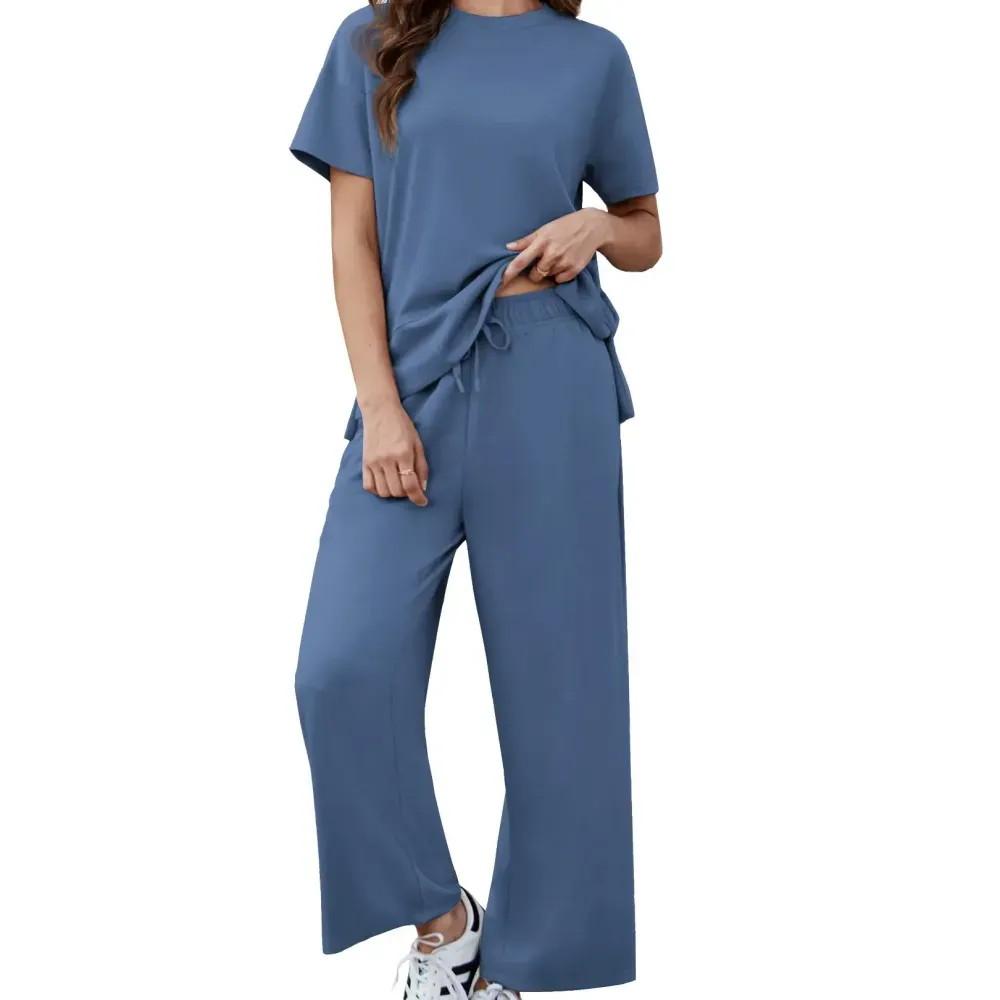 PINSPARK Women Summer Lounge Set with Short Sleeve Top & Wide Leg Pants
