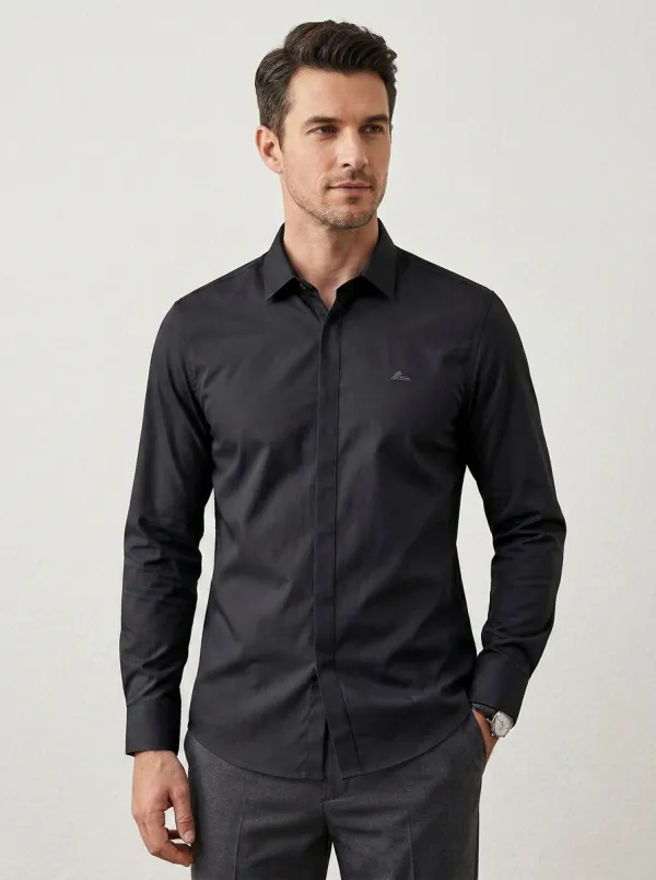 Men's Non-Iron Cotton Light Blue Embroidered Logo Long Sleeve Shirt