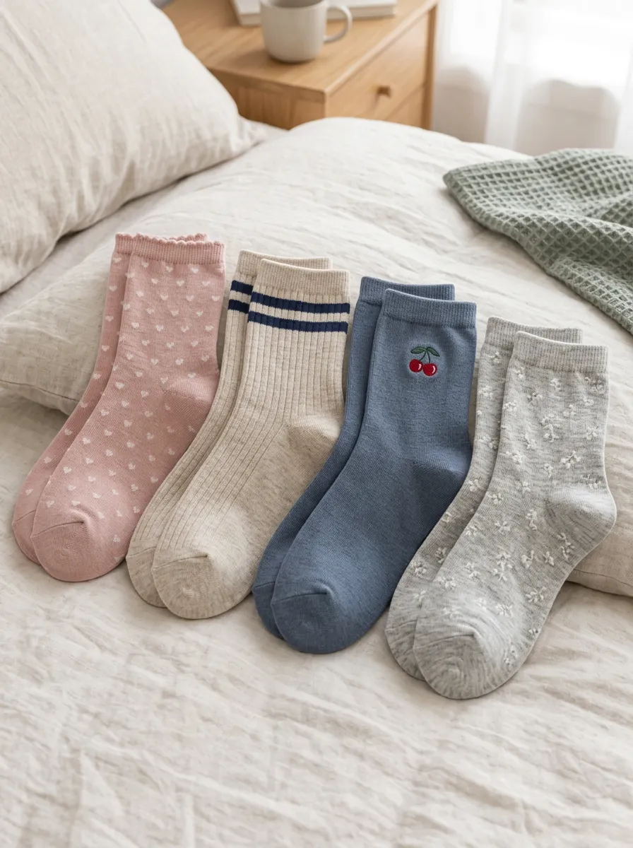 Women's Cute Aesthetic Heart Cherry Floral Printed Socks 4-Pack