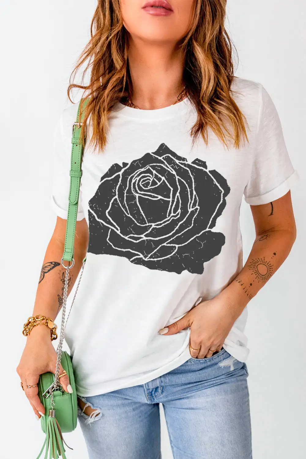 White Large Rose Print Round