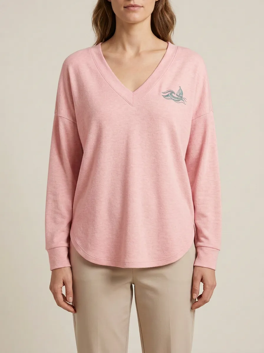 Women's V-Neck Embroidered Long-Sleeve Top
