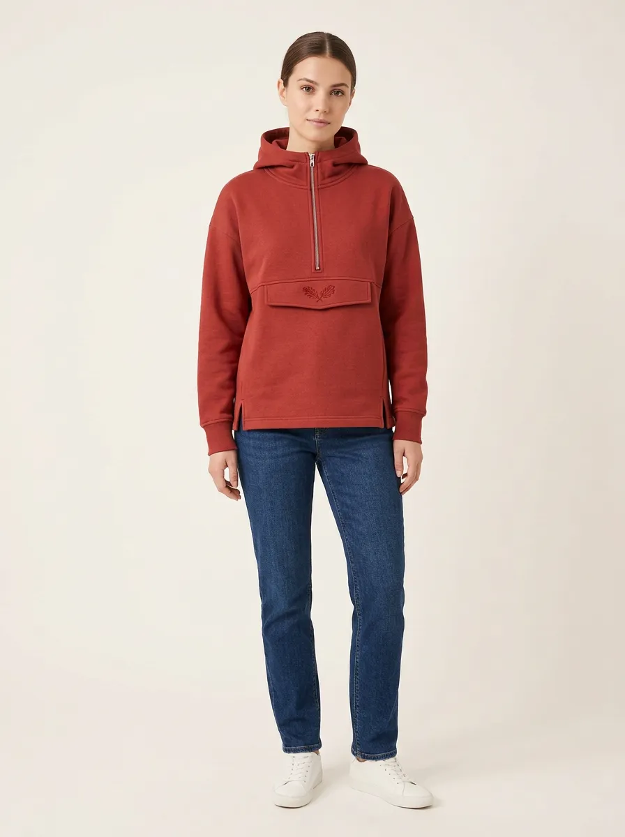 Women's Leaf-Embroidered Half-Zip Flap-Pocket Hoodie
