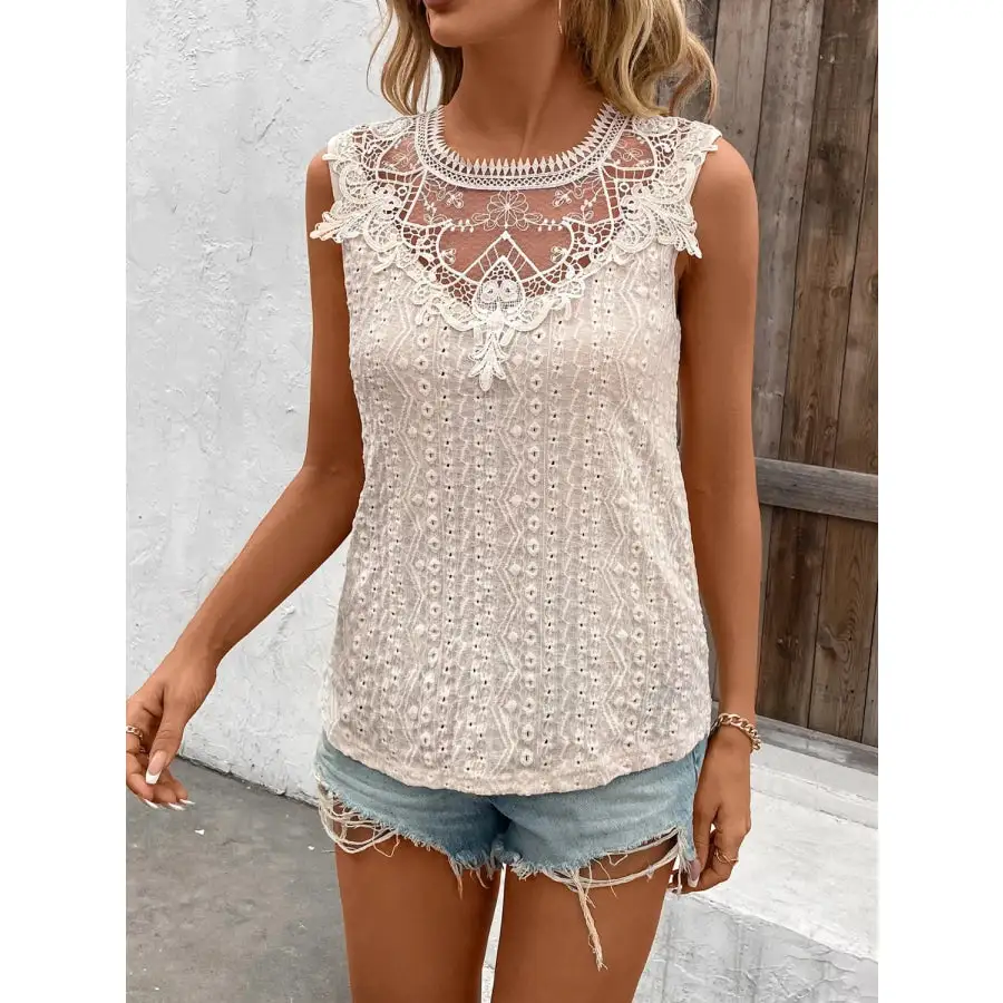 Lace Detail Eyelet Round Neck Tank