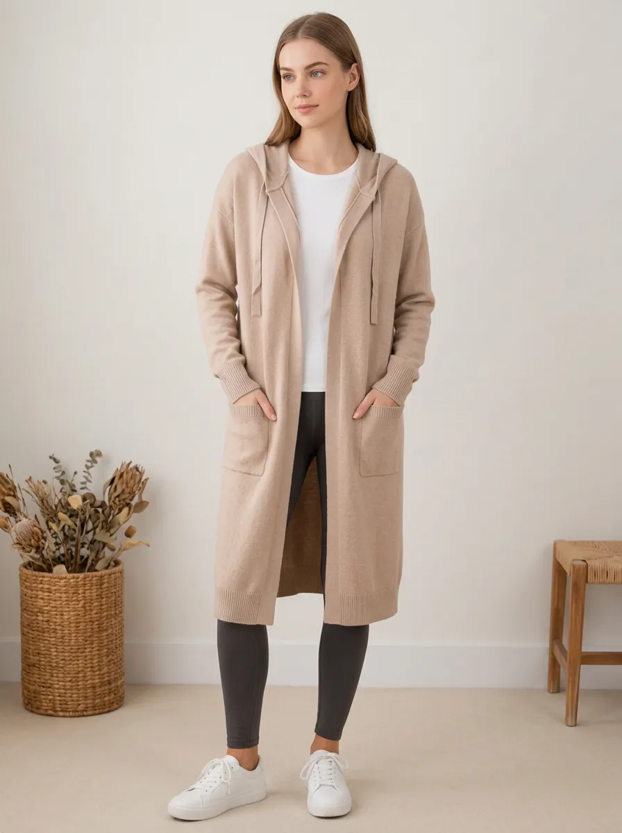 Women's Hooded Open-Front Knit Cardigan Longline Relaxed-Fit
