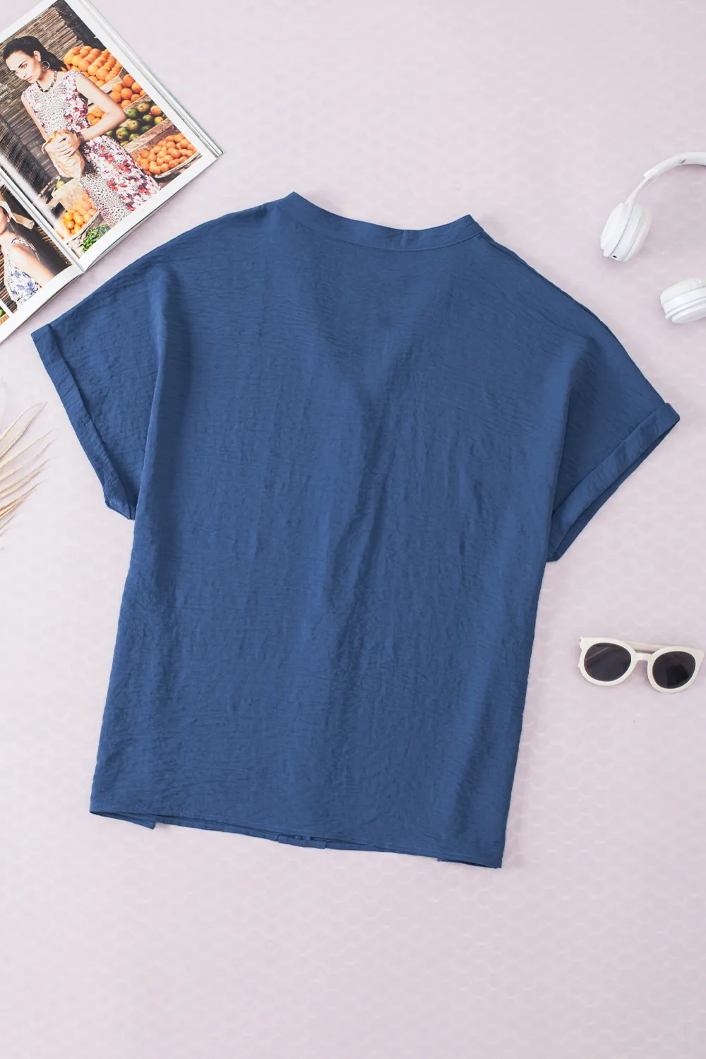 Sail Blue Notched Neck Batwing Blouse