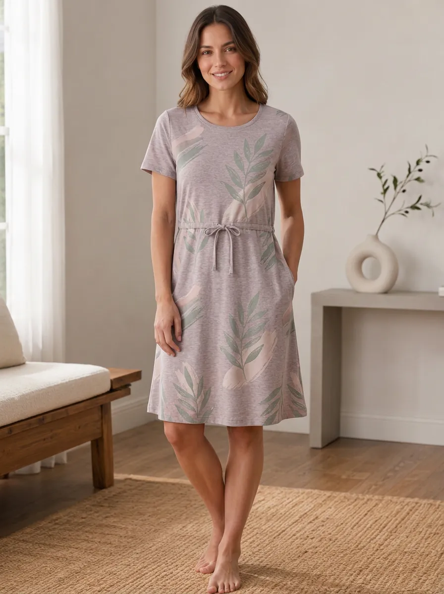 Women's Botanical Leaf Abstract Printed Drawstring Dress