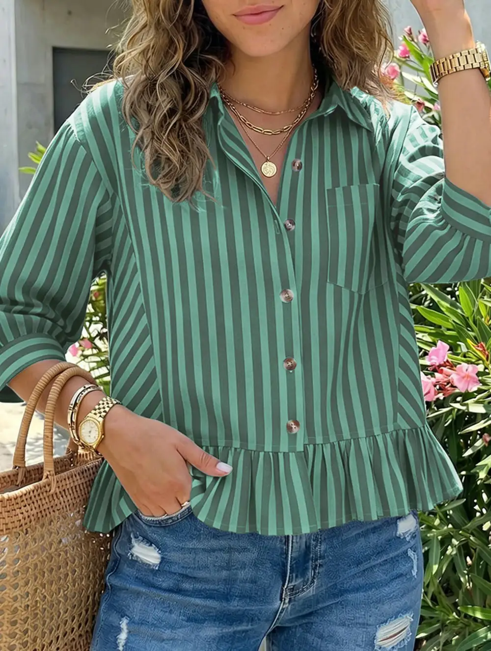 Stripe Button Three Quarter Sleeve Shirt