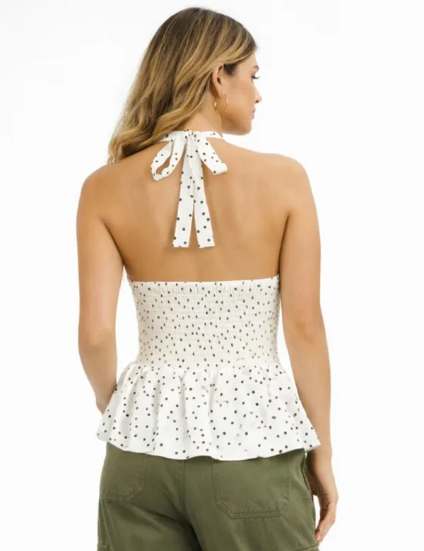 Polka Dot Halter Ruffle Hem V Neck Sleeveless Top