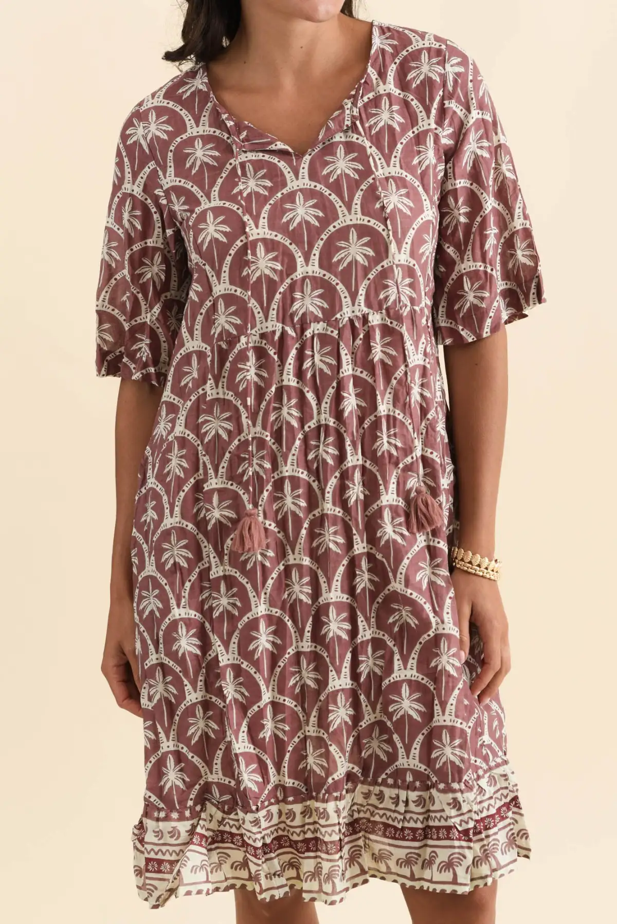 Knee-Length Geometric Cotton Gathered Pocket Ruffle V-Neck Dress