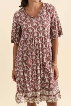 Knee-Length Geometric Cotton Gathered Pocket Ruffle V-Neck Dress