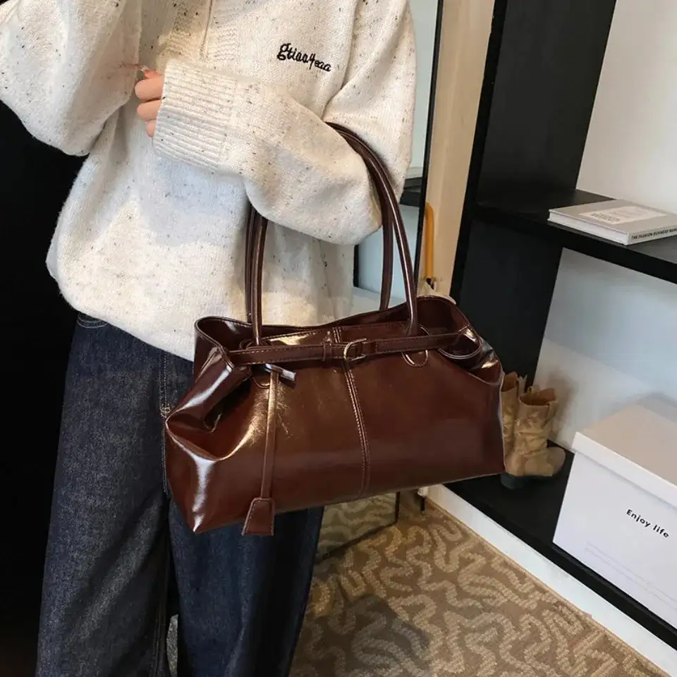 Chic Glossy Chocolate Brown Shoulder Bag