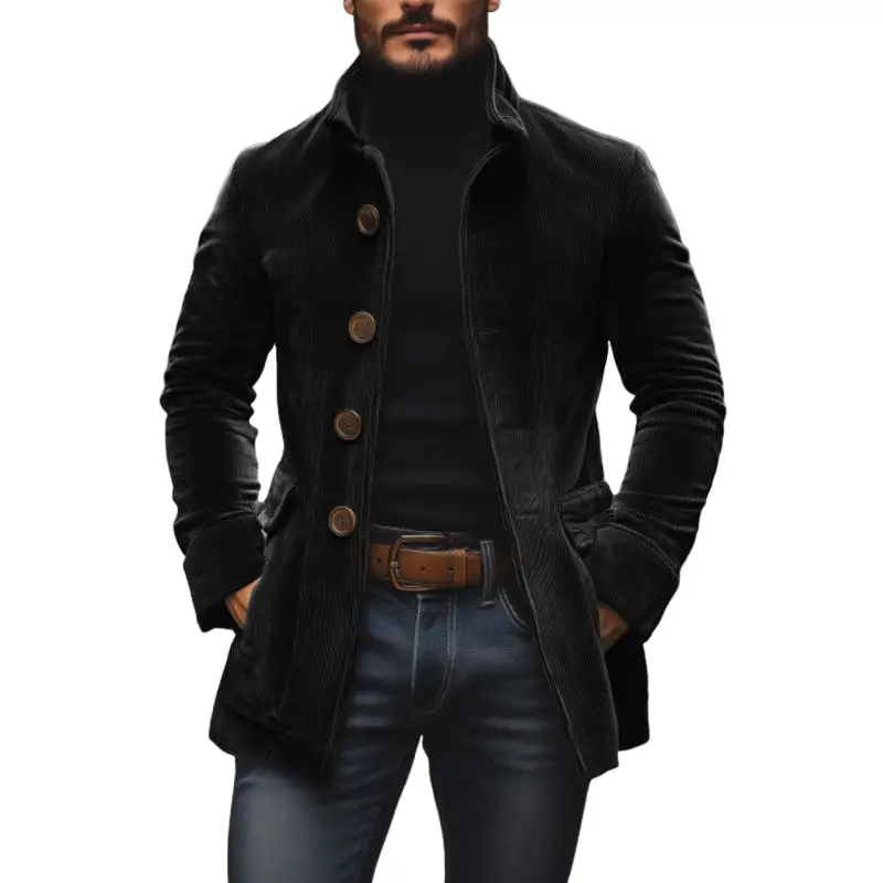 Textured Button Band Collar Coat