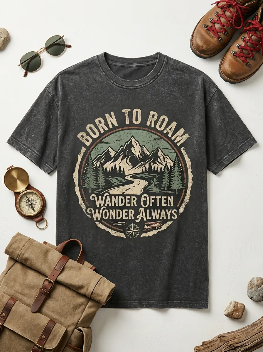 Unisex Adventure Lover Mountain Forest Born To Roam Printed T-shirt