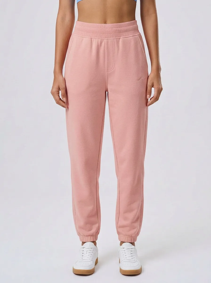Women's Minimalist Solid Beige Embroidered Wave Printed Joggers