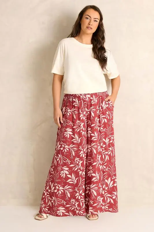 Orange Leaf Print Shirred Waist Trousers