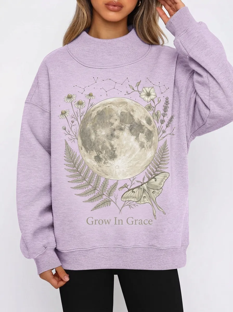 Women's Heather Grey Celestial Moon Moth Floral Mock Neck Sweatshirt