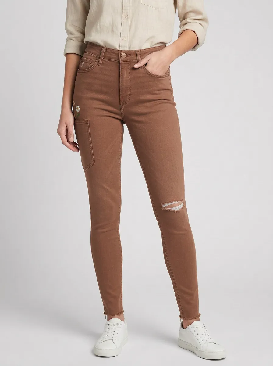 Women's Floral Embroidered Ripped Patchwork Slim Jeans