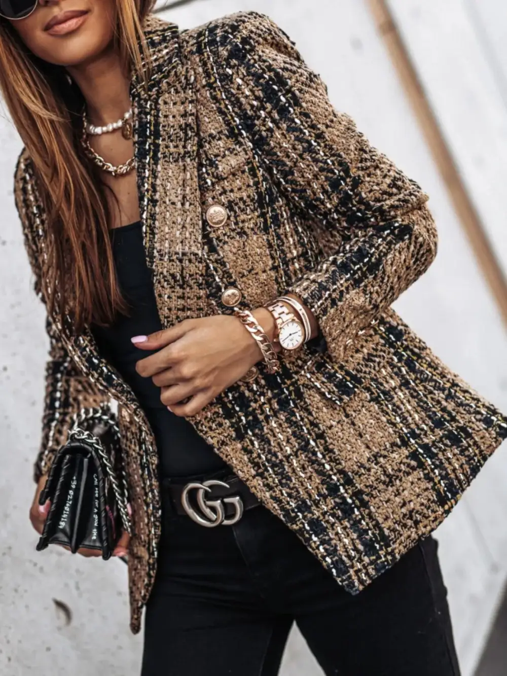 Double-Breasted Plaid Tweed Blazer