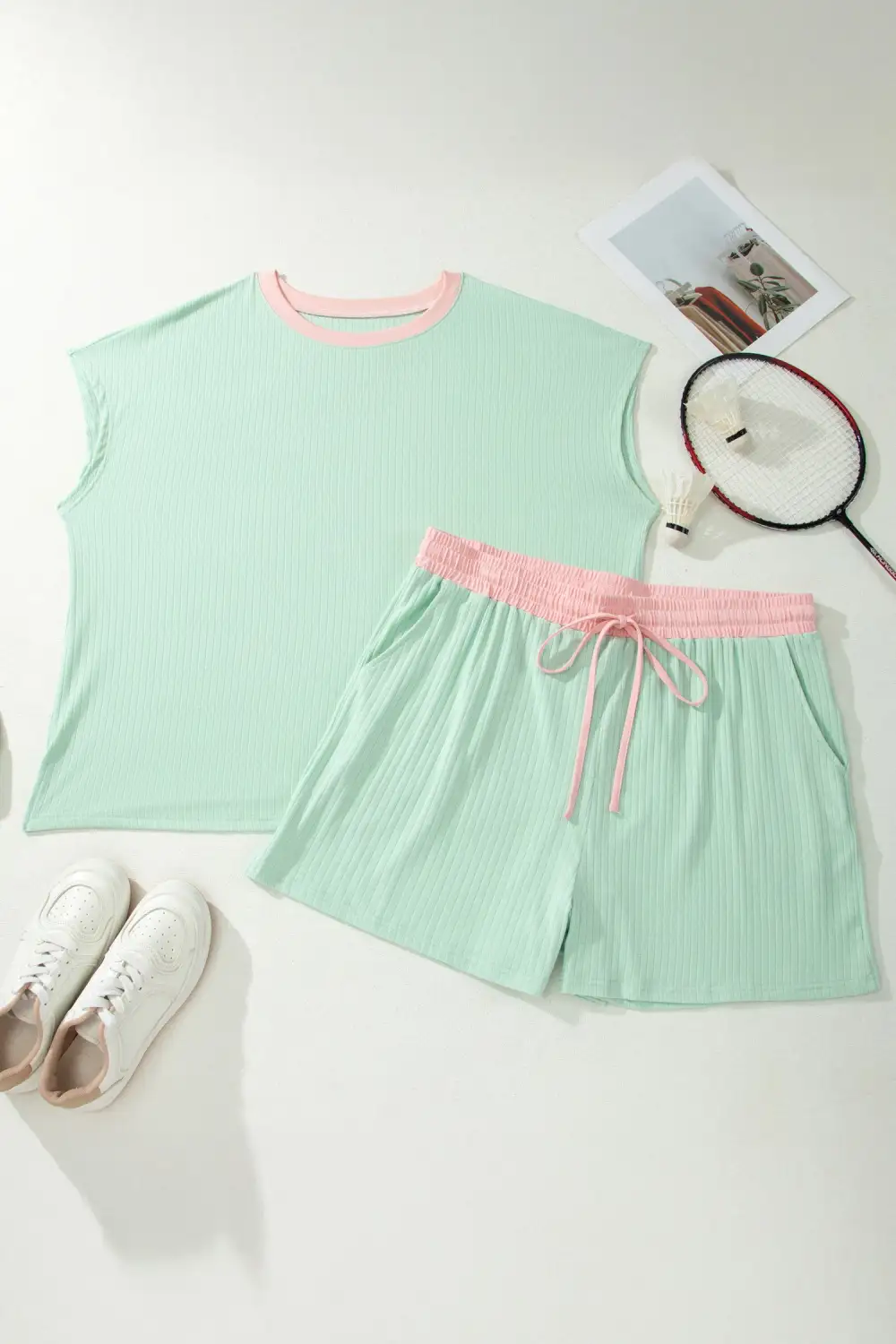 Women's Ribbed Color Block Trim Drawstring Shorts Two Piece Set