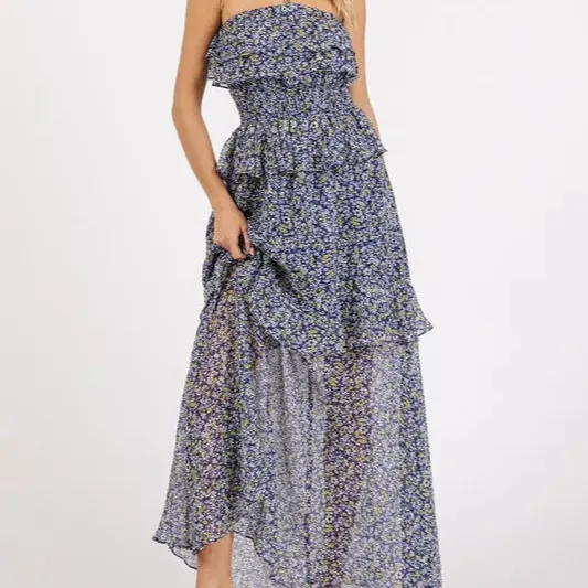 Ruffled Smocked Floral Halter Neck Maxi Dress
