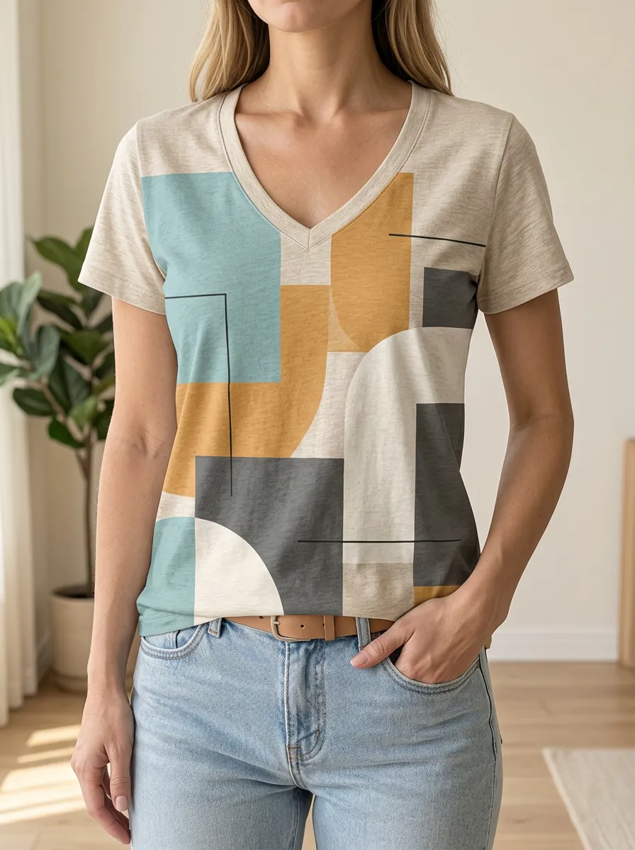 Women's Graphic Abstract Geometric Art V-Neck T-Shirt