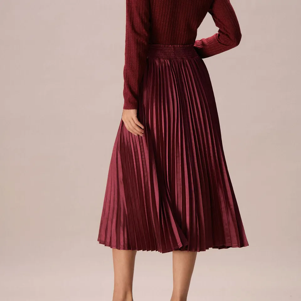 Satin Pleated Slit Midi Skirt