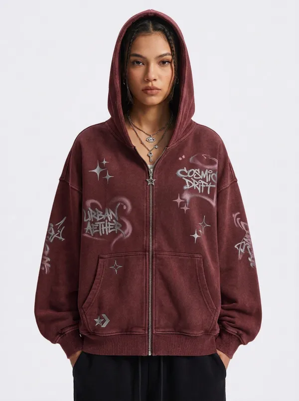 Women's Streetwear Cosmic Graffiti Star Printed Zip-up Hoodie