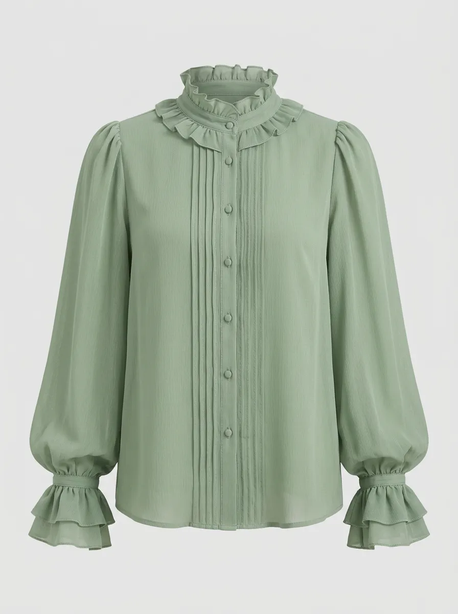 Women's Sage Green Ruffle Stand Collar Pleated Long Sleeve Blouse