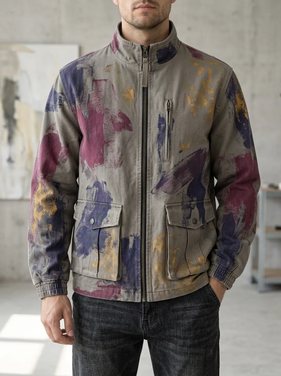 Men's Abstract Art Style Multi-Color Brushstroke Printed Jacket