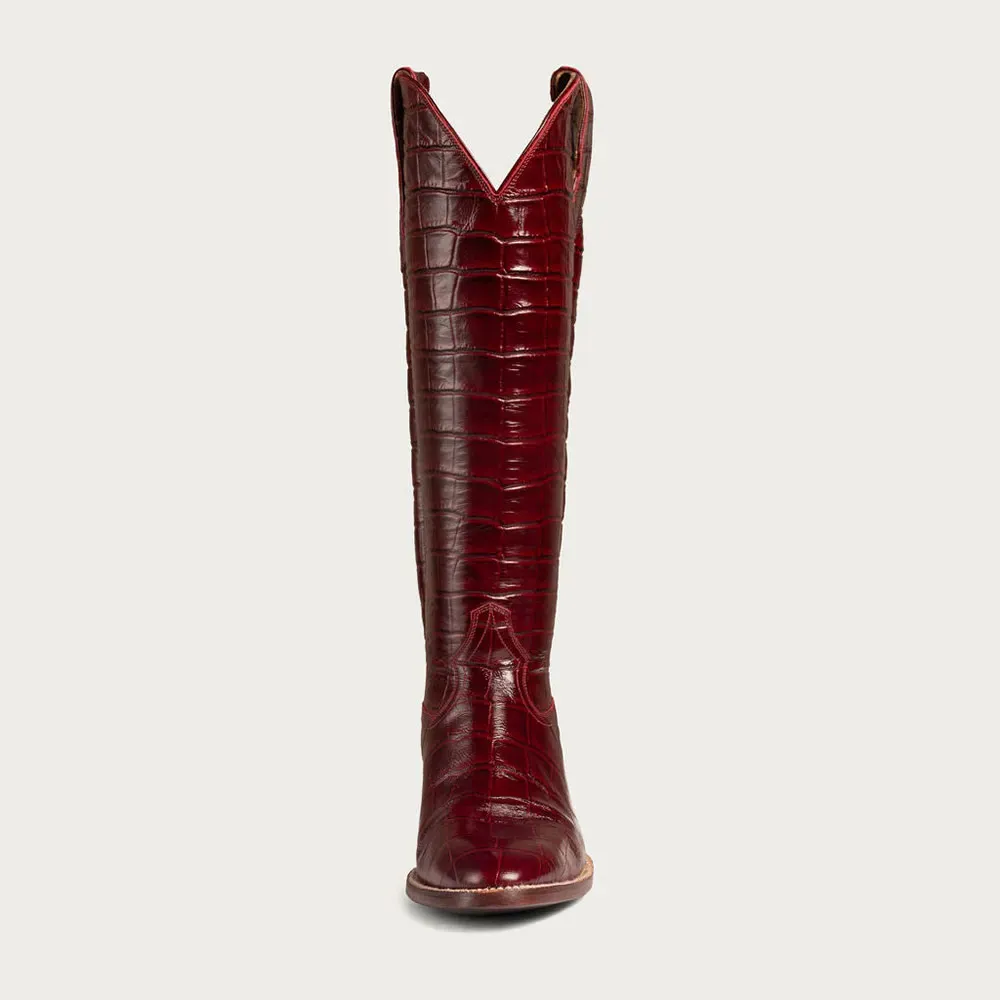 Faux-Leather Crocodile-Embossed Round-Toe Chunky-Heel Knee-High Boots