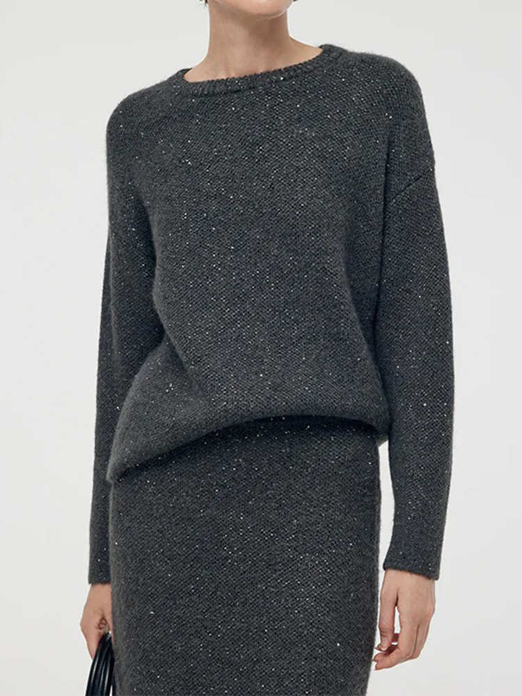 Charcoal Grey Wool Blend Sequins Women Sweater