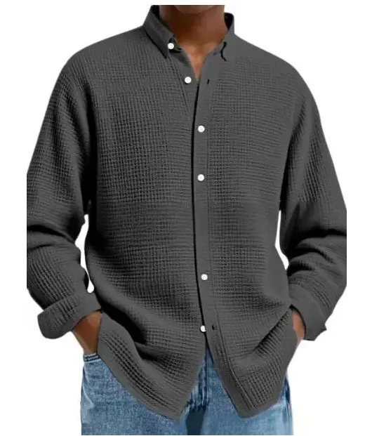 Men's Solid Color Waffle Knit Fashion Casual Long Sleeve Shirt Cardigan