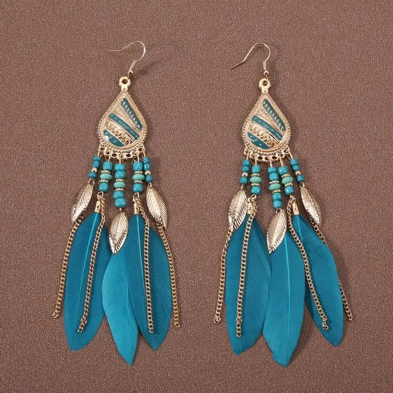 Feather Beaded Tassel Drop Earrings